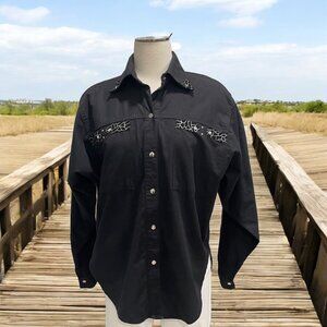 Black Long Sleeve Shirt‎ S Leather Details Snap Closures Western Country Cowboy